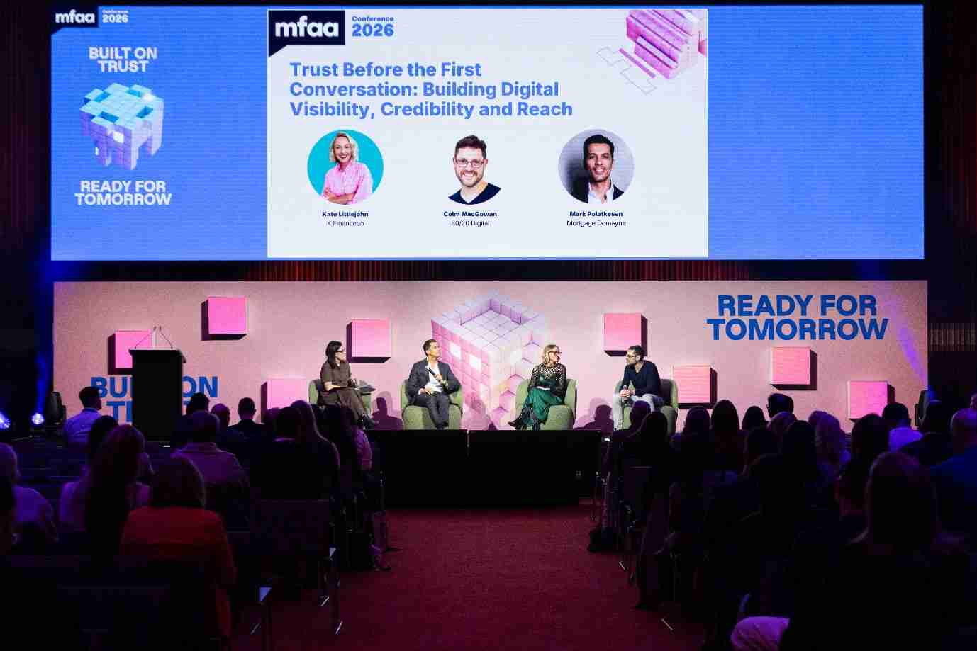 80/20 Digital Founder, Colm MacGowan, on stage at the 2026 MFAA Conference with Jacqui Cooper, Kate Littlejohn and Mark Polatkesen