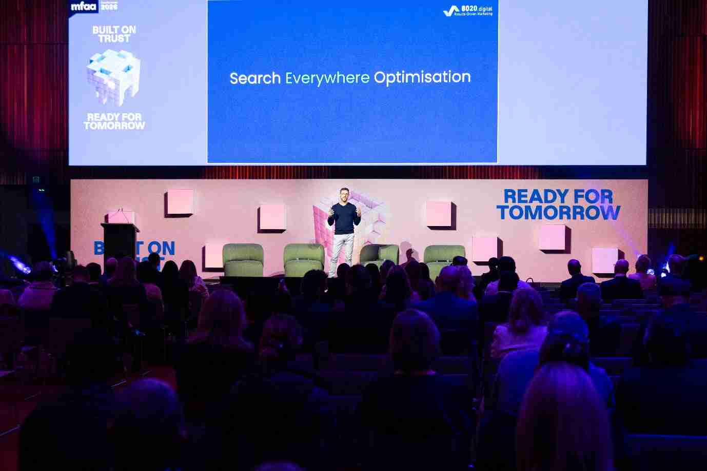 Colm MacGowan talking about Search Everywhere Optimisation during a keynote on AI at the MFAA